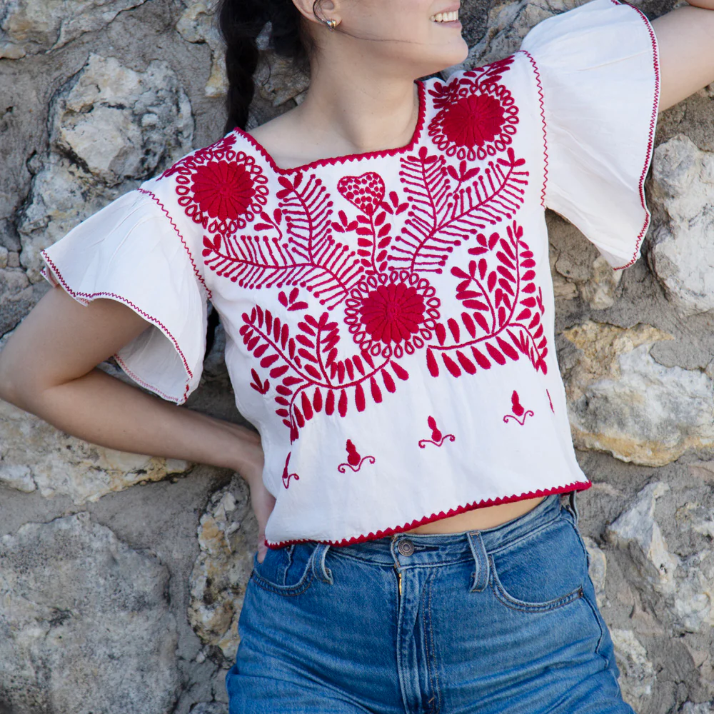 Carranza Flutter Sleeve Embroidered Cropped Blouse - Image 3