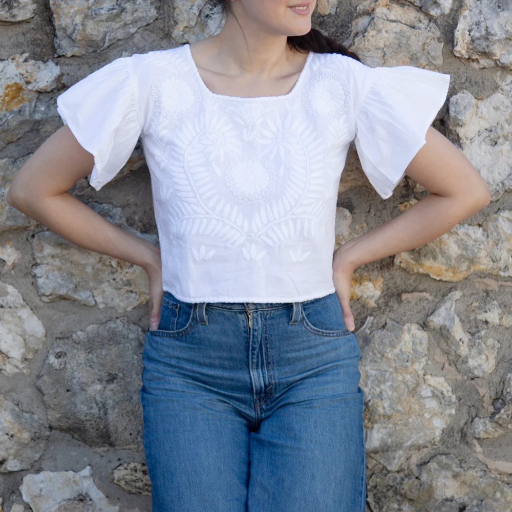Carranza Flutter Sleeve Embroidered Cropped Blouse - Image 30