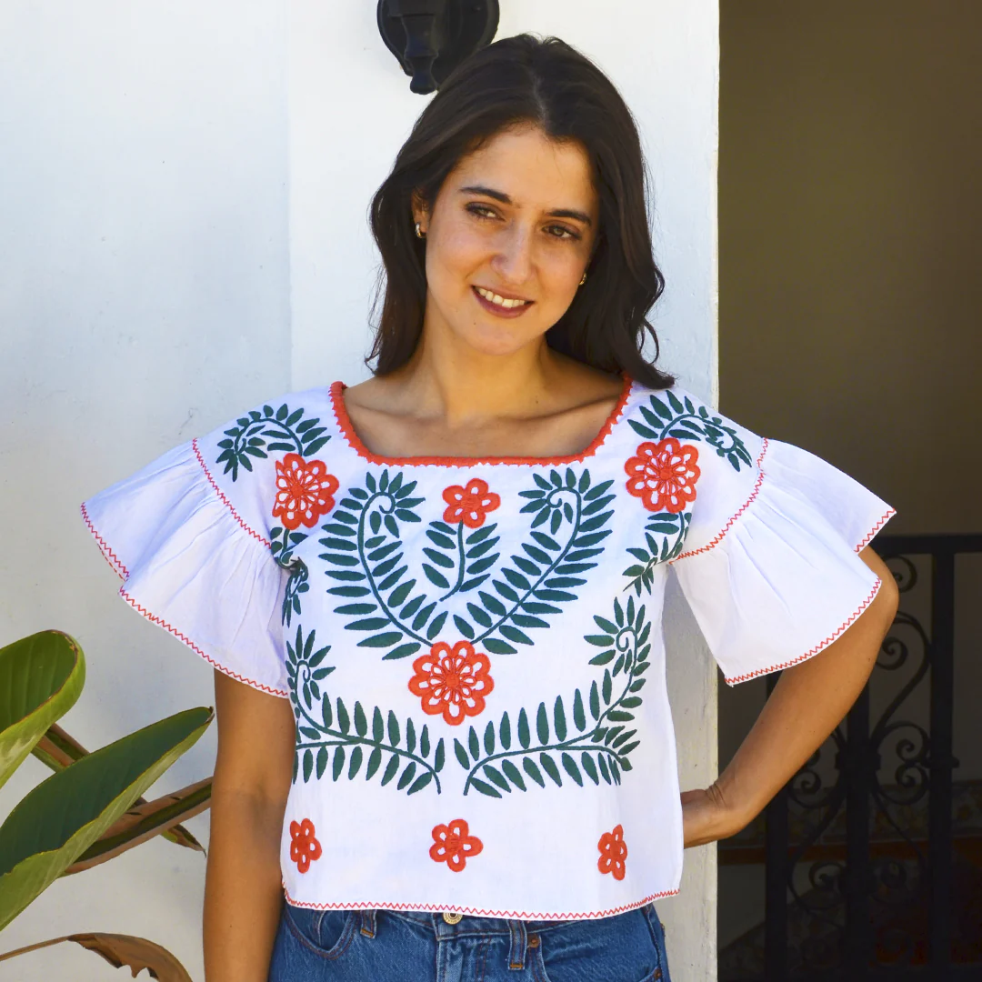 Carranza Flutter Sleeve Embroidered Cropped Blouse - Image 4