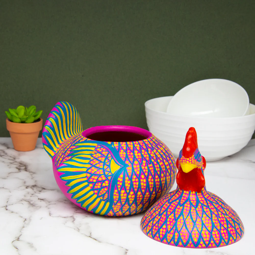 Hand Painted Clay Chicken Bowl with Lid - Image 4