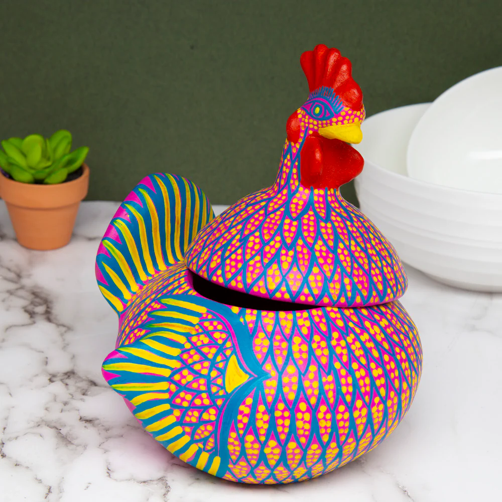 Hand Painted Clay Chicken Bowl with Lid - Image 5