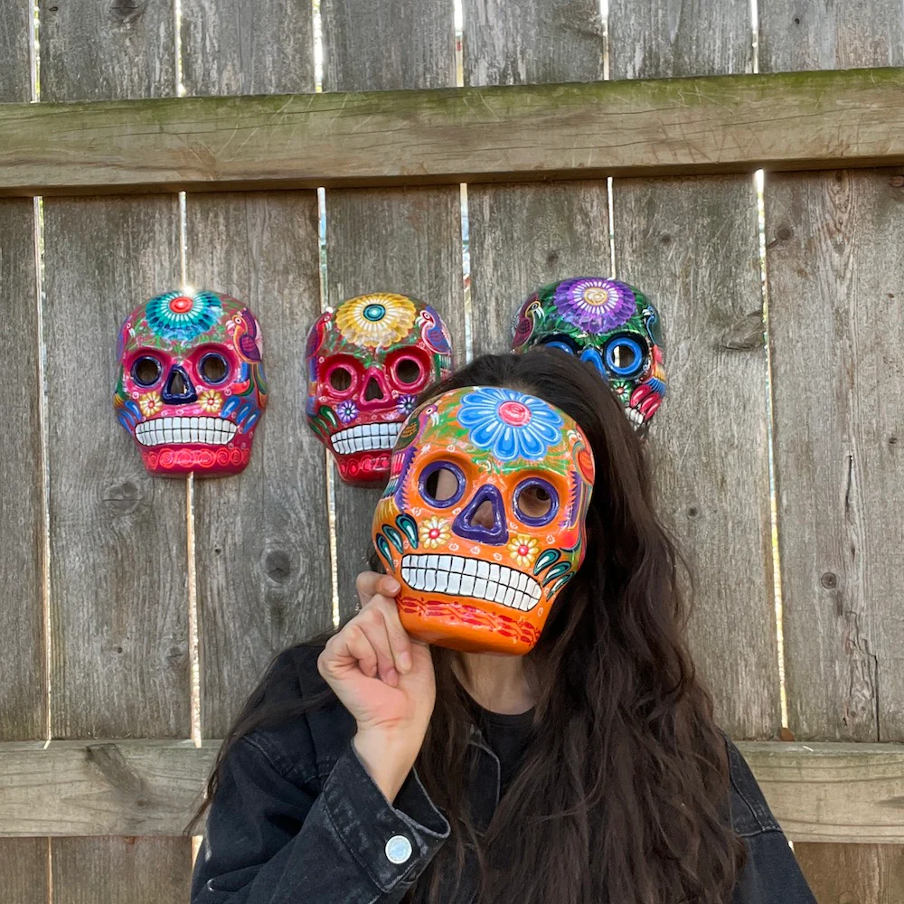 Hand-Painted Xalitla Clay Sugar Skull Wall Art Mask - Image 3