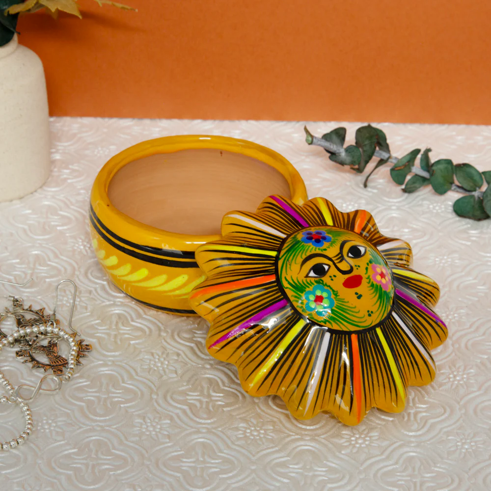 Hand-Painted Xalitla Sun Clay Trinket/Jewelry Box - Image 5