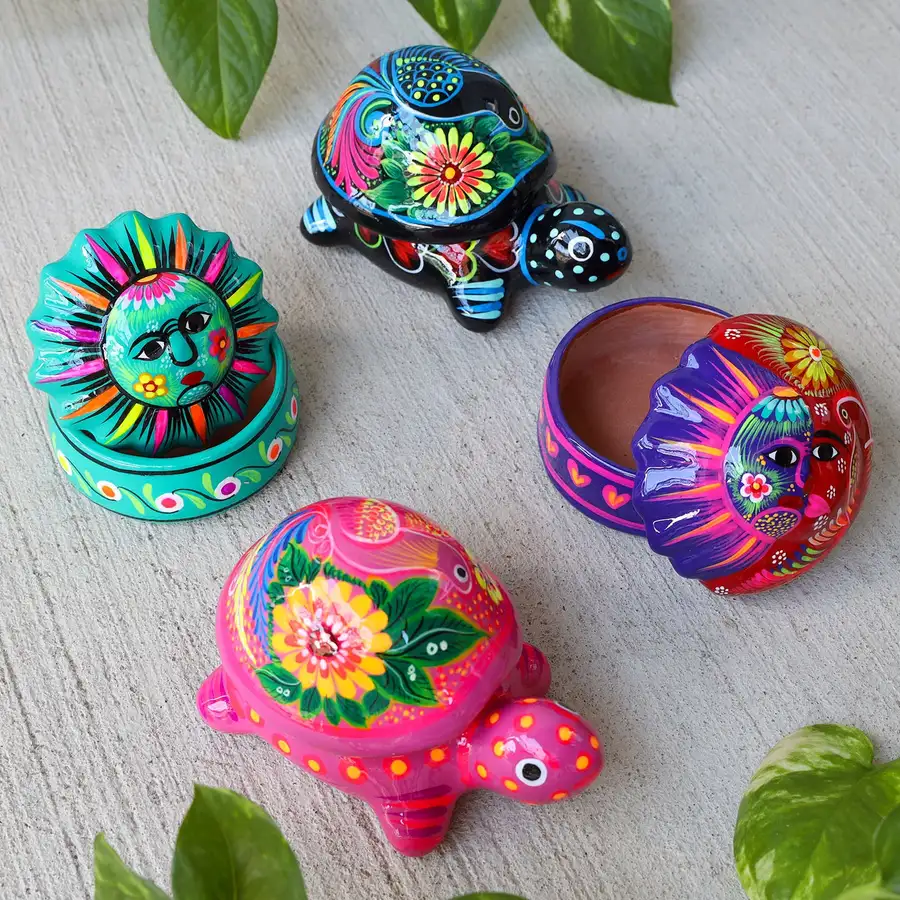 Hand-Painted Xalitla Sun Clay Trinket/Jewelry Box - Image 8