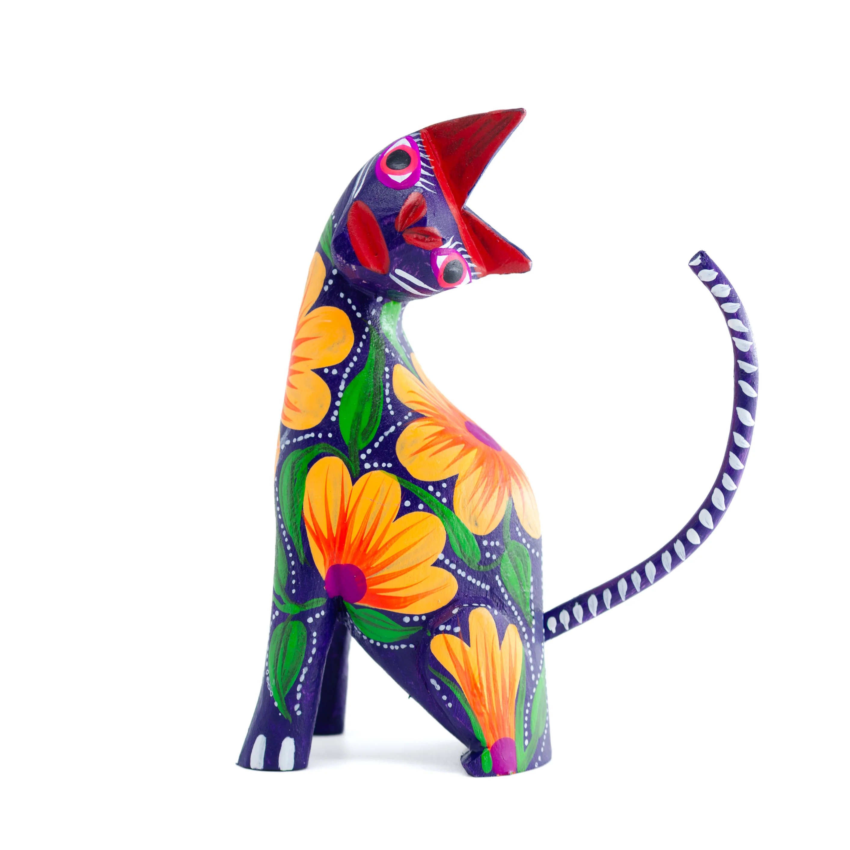 Large Hand Painted Neck Side Bend Cat Wooden Figurine - Image 11