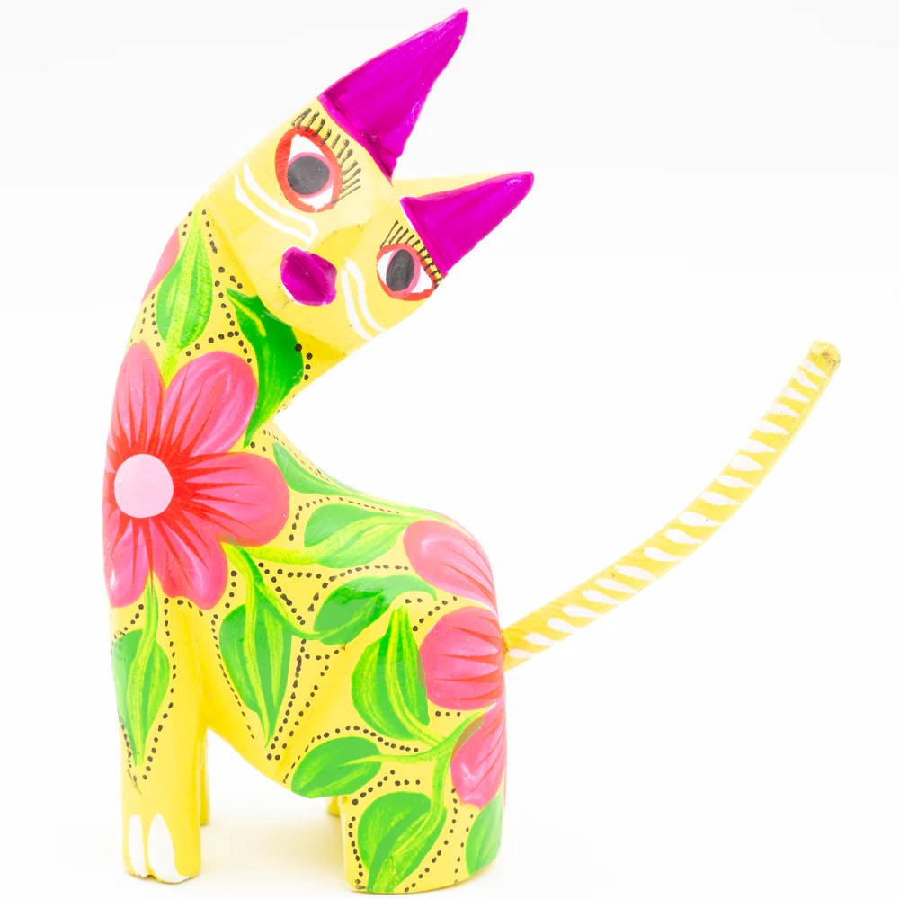 Large Hand Painted Neck Side Bend Cat Wooden Figurine - Image 9