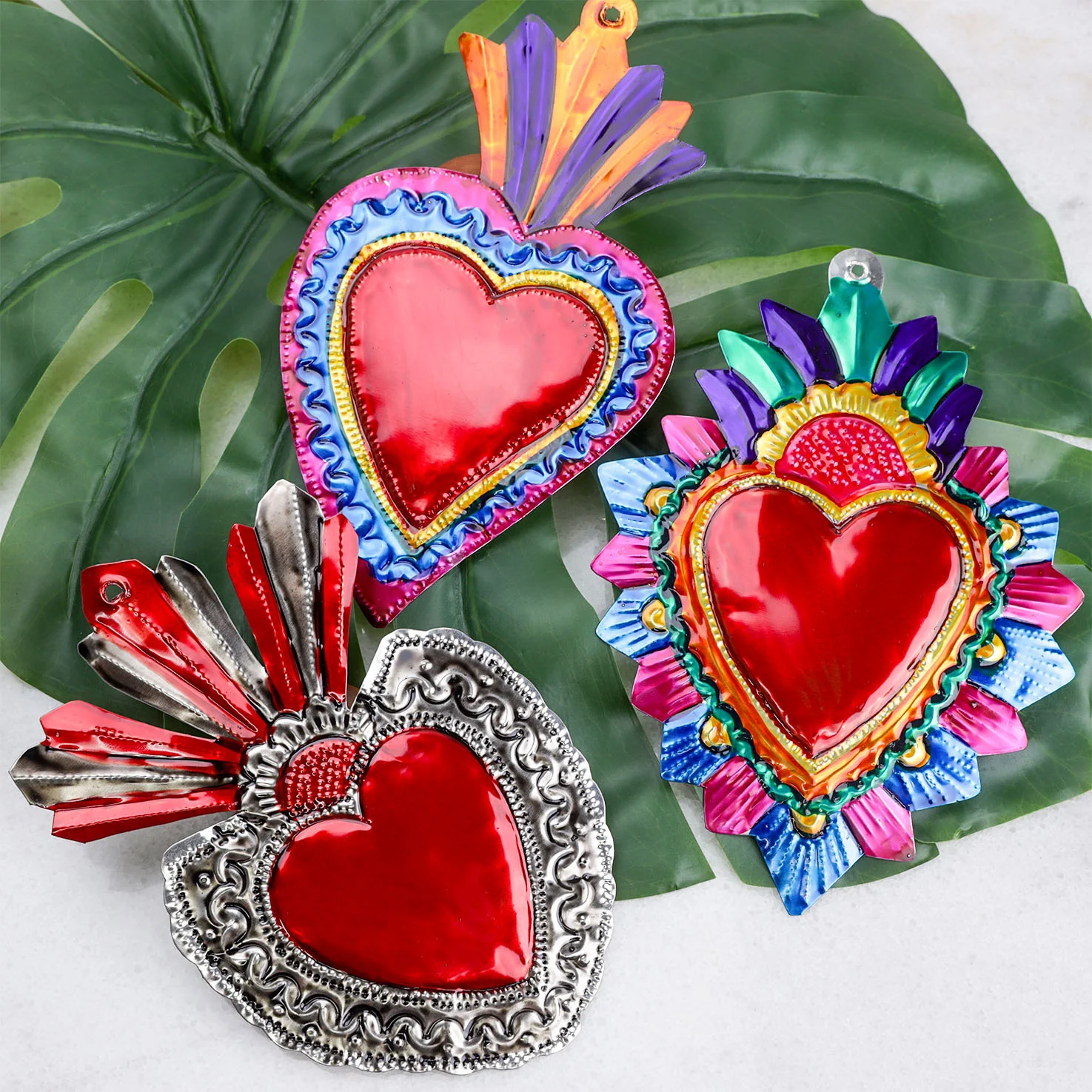 Large Mexican Crown Milagro Tin Hearts - Image 3