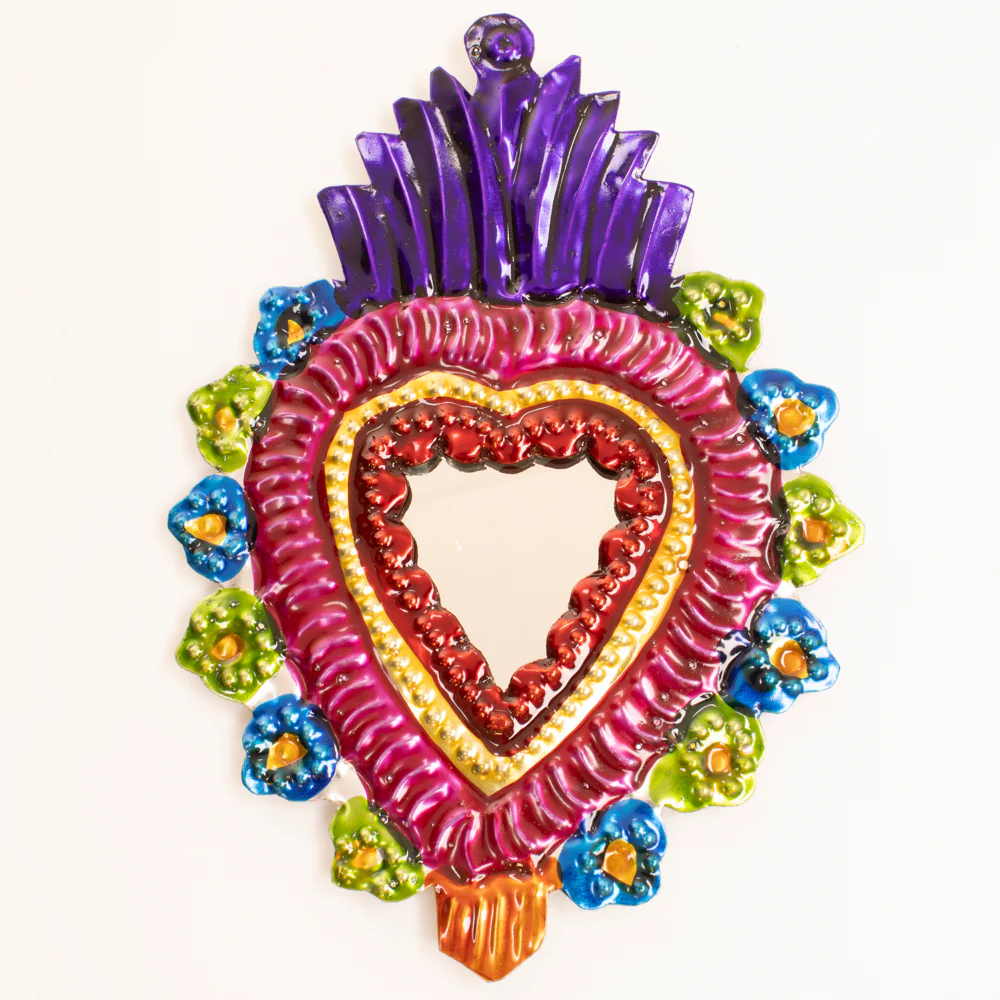 Medium Mexican Crown Milagro Tin Heart with Mirror - Image 13