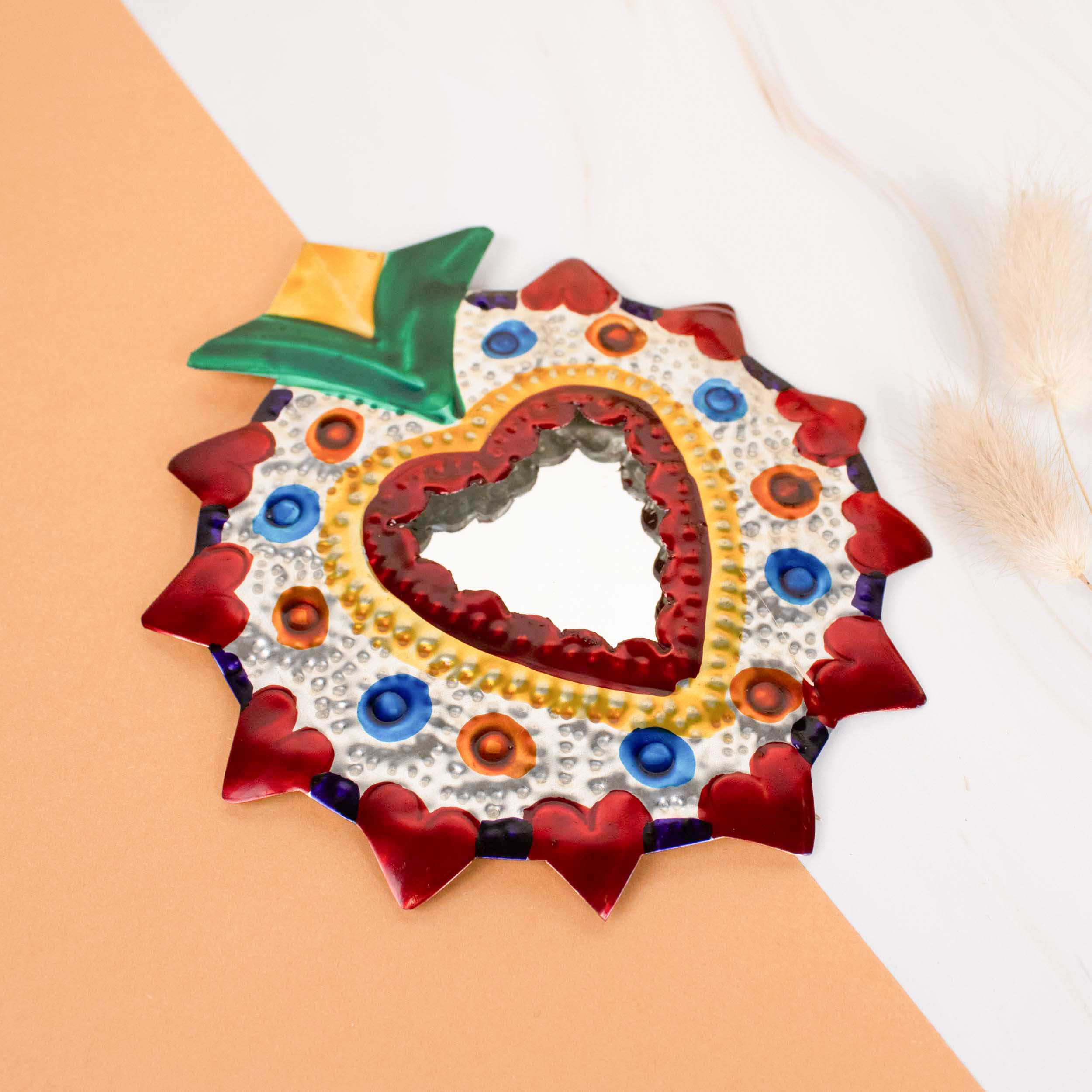 Medium Mexican Crown Milagro Tin Heart with Mirror - Image 3