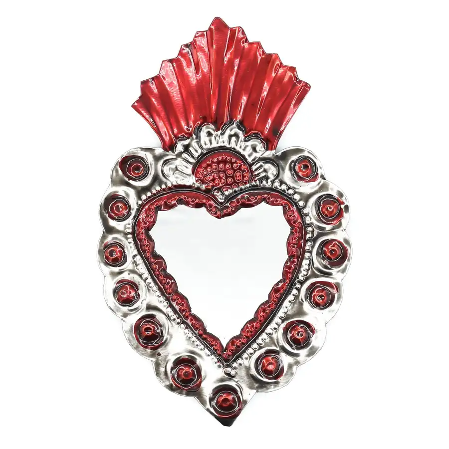 Medium Mexican Crown Milagro Tin Heart with Mirror - Image 9