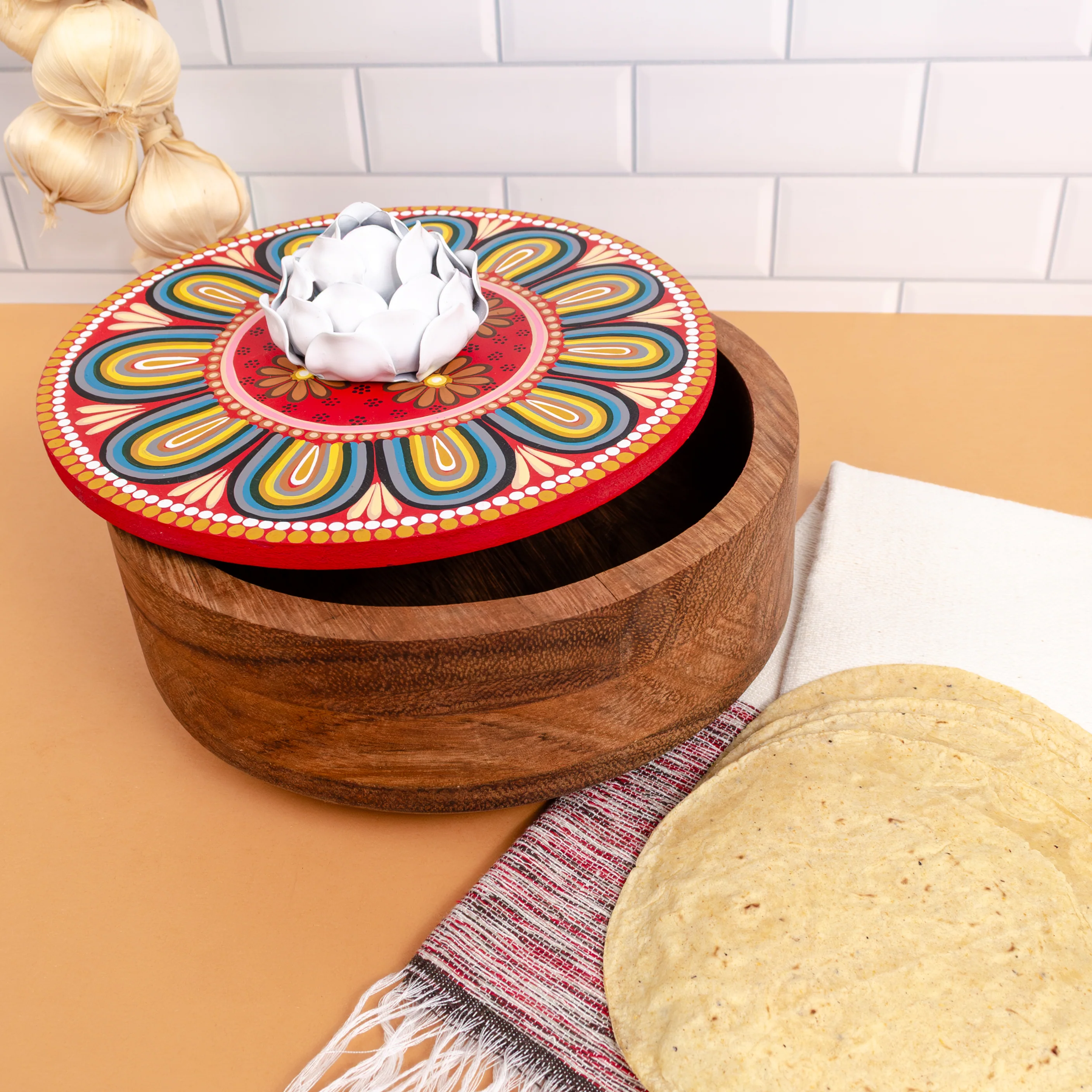 Hand-painted Parota Solid Wood Kitchen Tortillero/Basket - Image 23