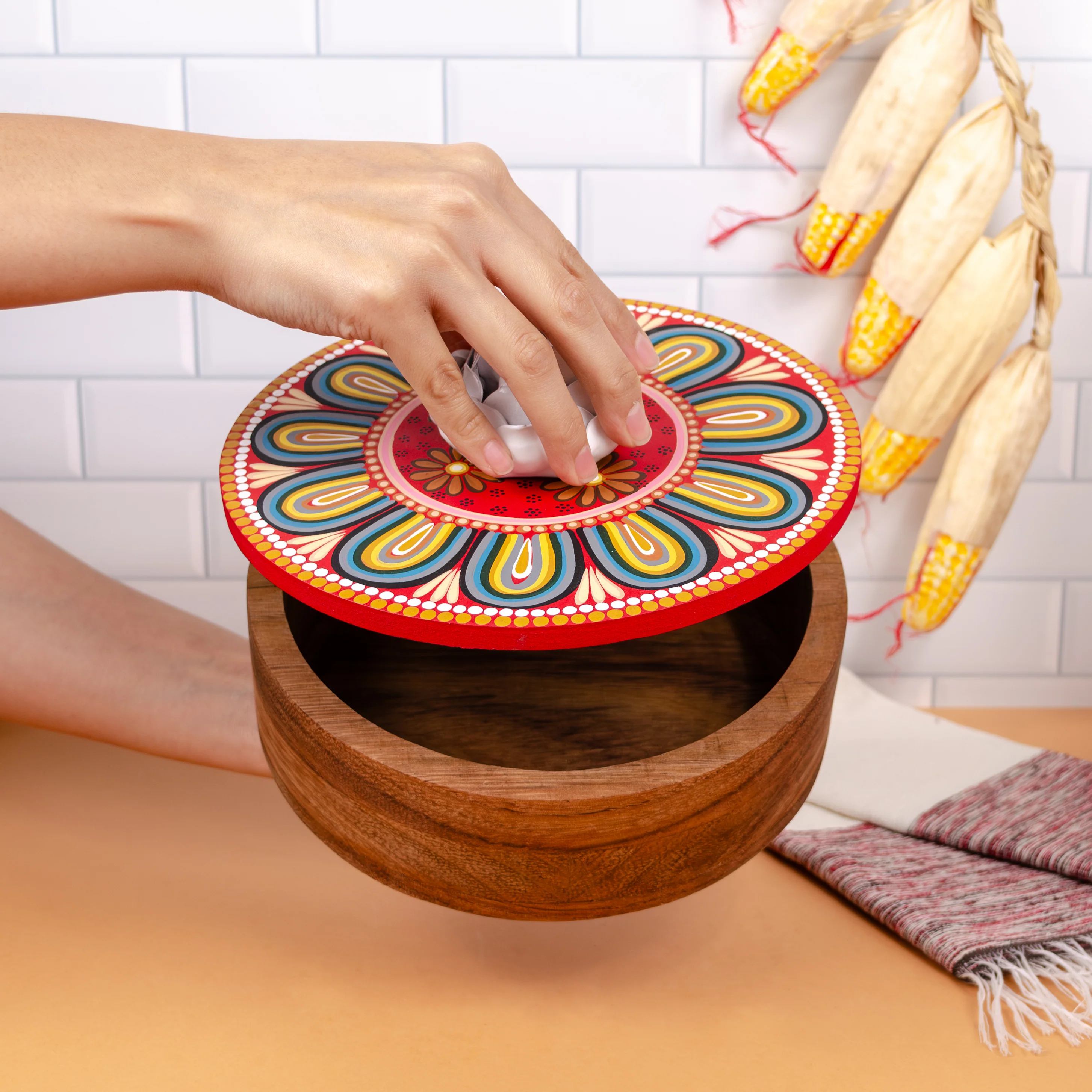 Hand-painted Parota Solid Wood Kitchen Tortillero/Basket - Image 3