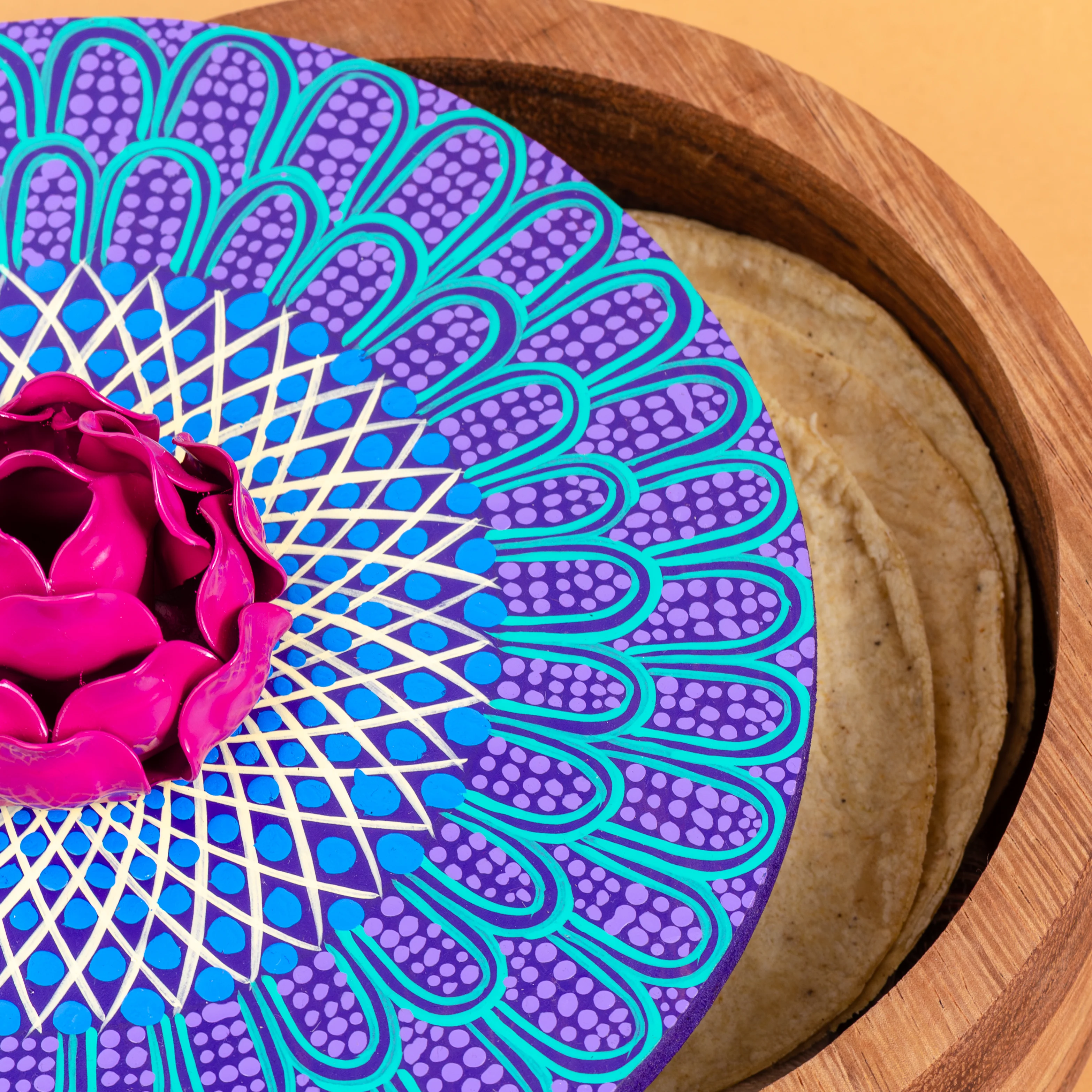 Hand-painted Parota Solid Wood Kitchen Tortillero/Basket - Image 35