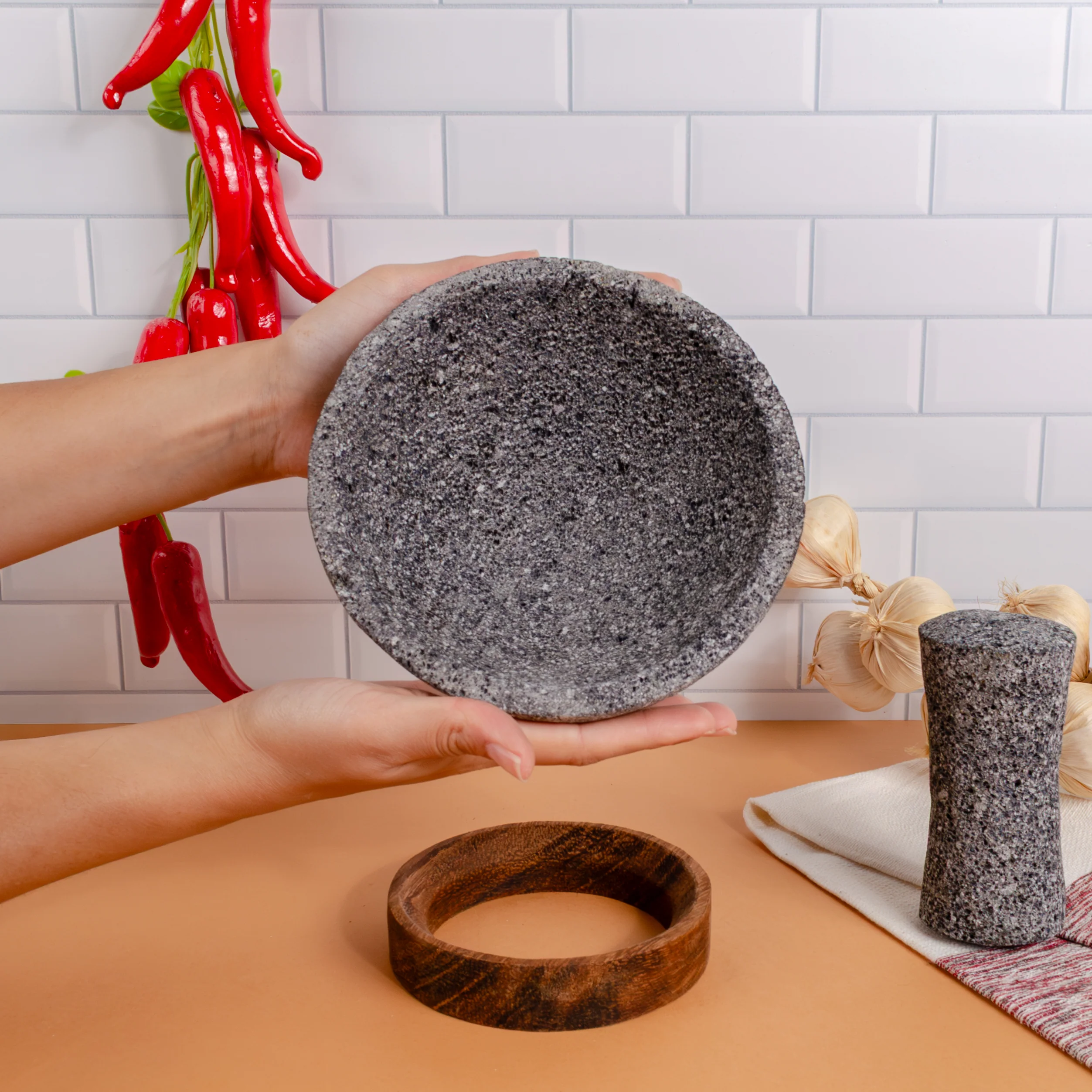 Volcanic Stone Molcajete with Wooden Base - Image 10