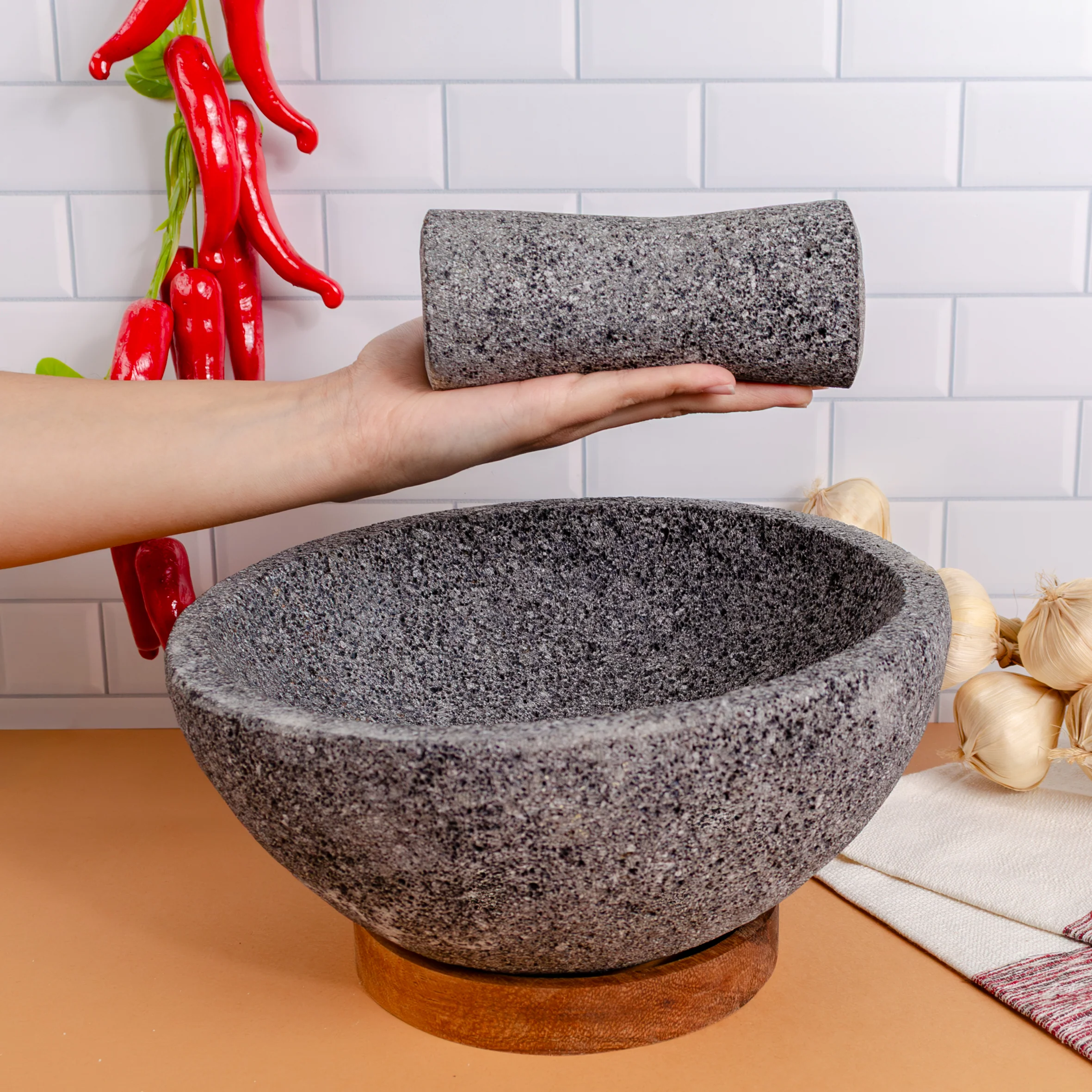 Volcanic Stone Molcajete with Wooden Base - Image 3